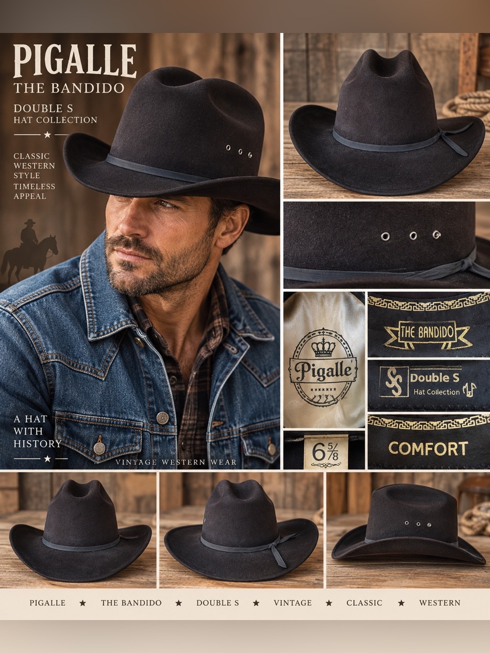 Vintage Pigalle The Bandido Double S Western Cowboy Hat 6 5/8